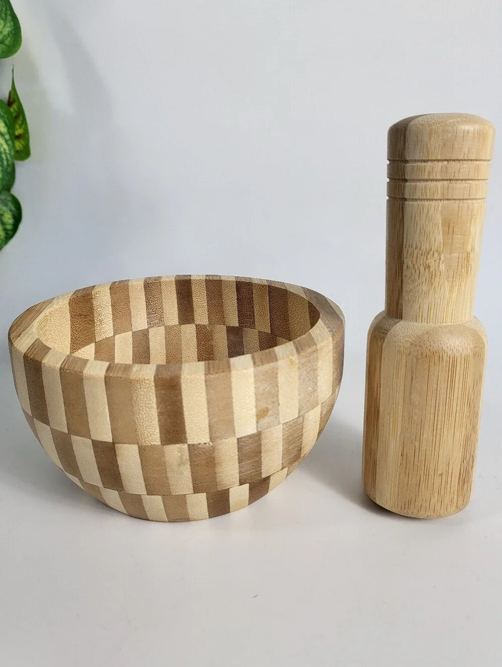 Natural Bamboo Mortar and Pestle - Two-Tone Wood Modern Organic Primitive Art